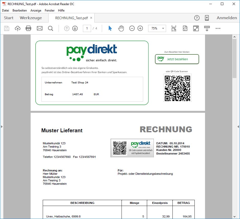 Beispiel PDF-Beleg mit PDF-Pamyent-Integration (Paydirekt)