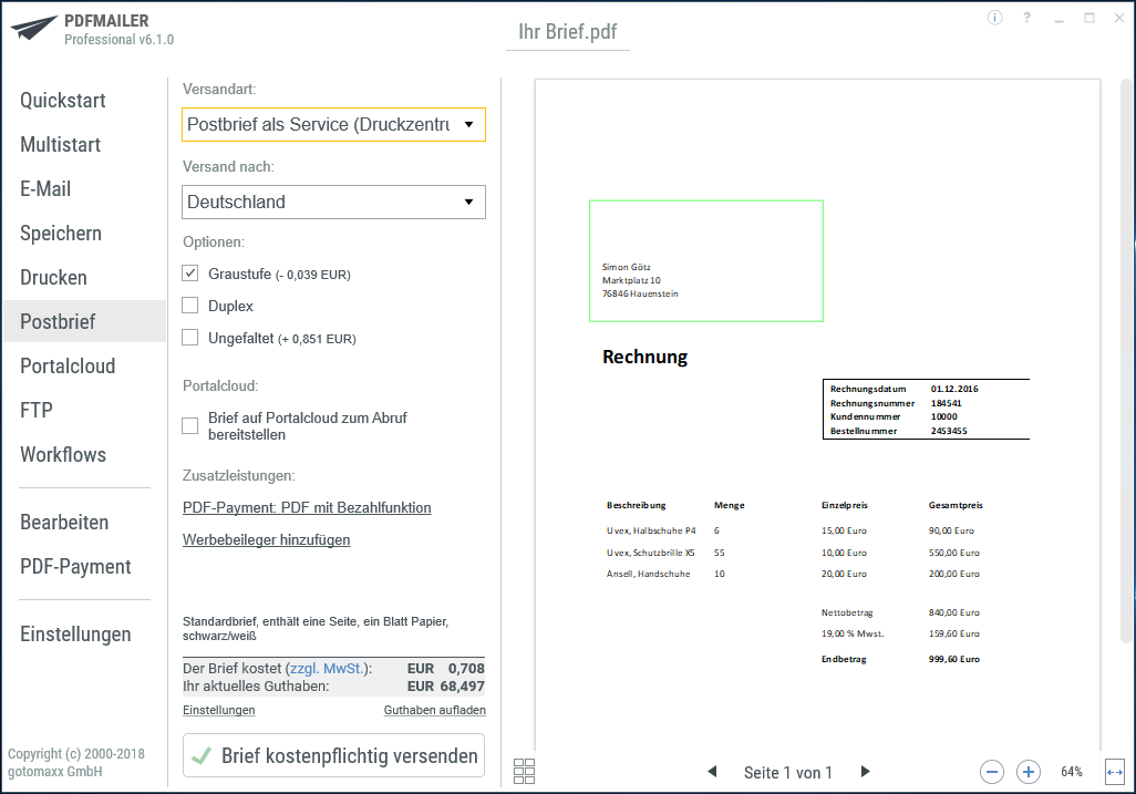 gotomaxx PDFMAILER Postbrief als Service