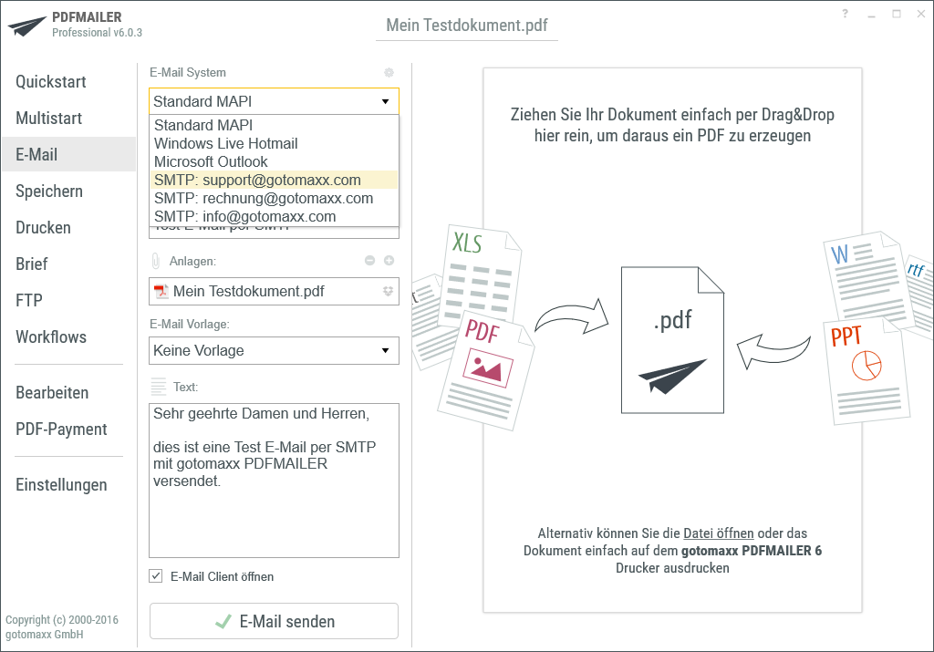 PDFMAILER Auswahl der SMTP-Profile