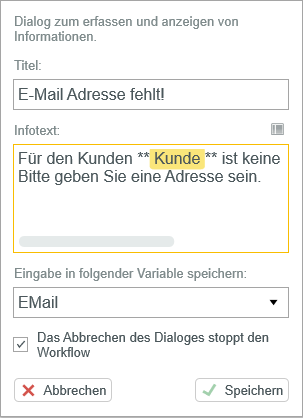 Definition Dialog zum erfassen einer Variablen