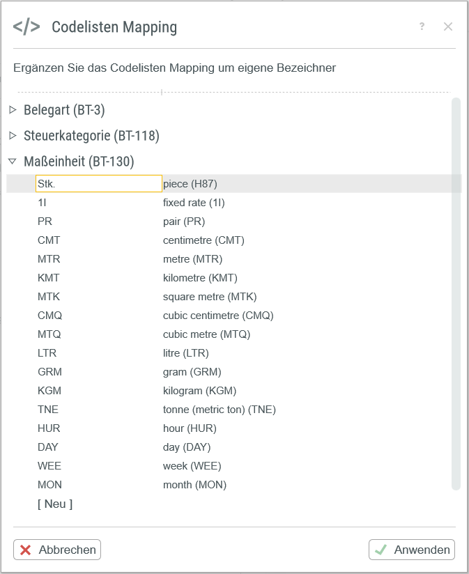 Codelistenmapping