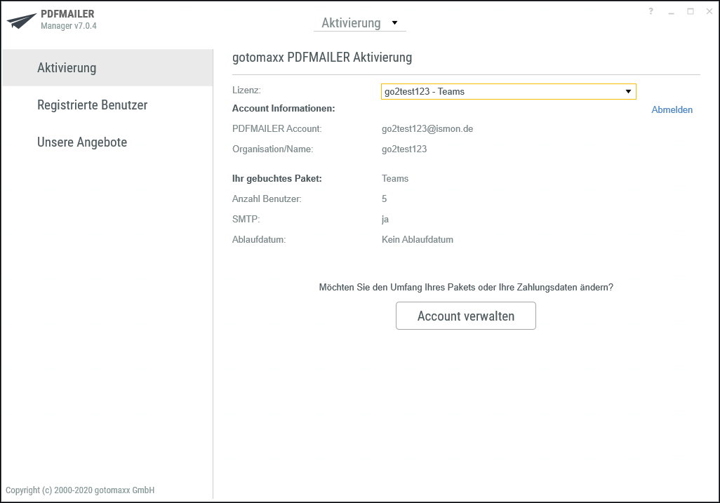 PDFMAILER Account Daten