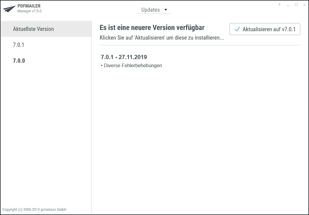 PDFMAILER Update-Fenster