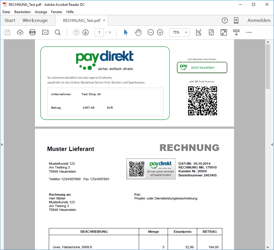 Beispiel PDF-Beleg mit PDF-Payment-Integration (Paydirekt)