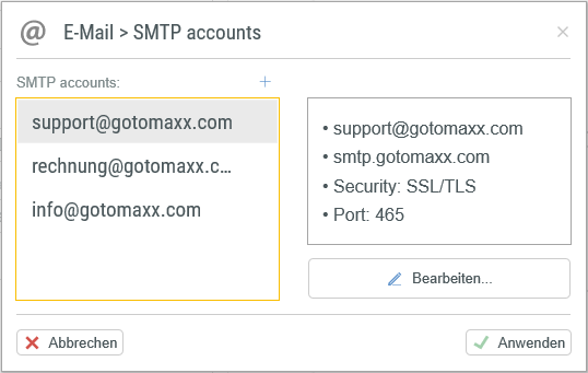 PDFMAILER Liste der SMTP-Profile