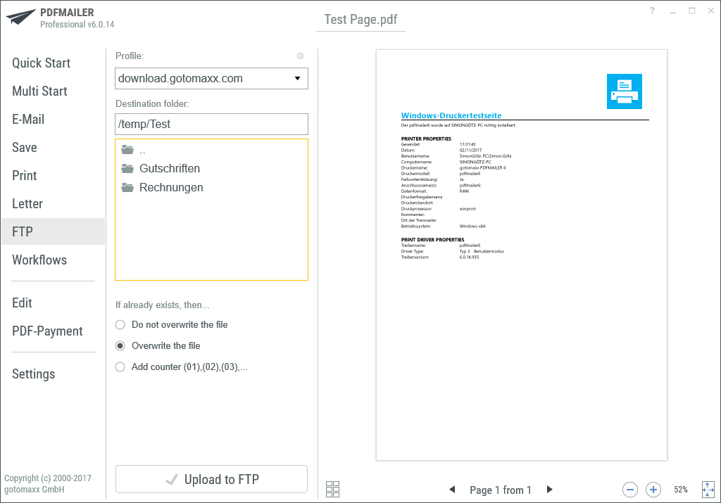 PDFMAILER FTP Action