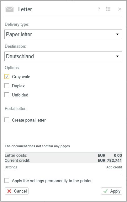 PDFMAILER Letter Settings